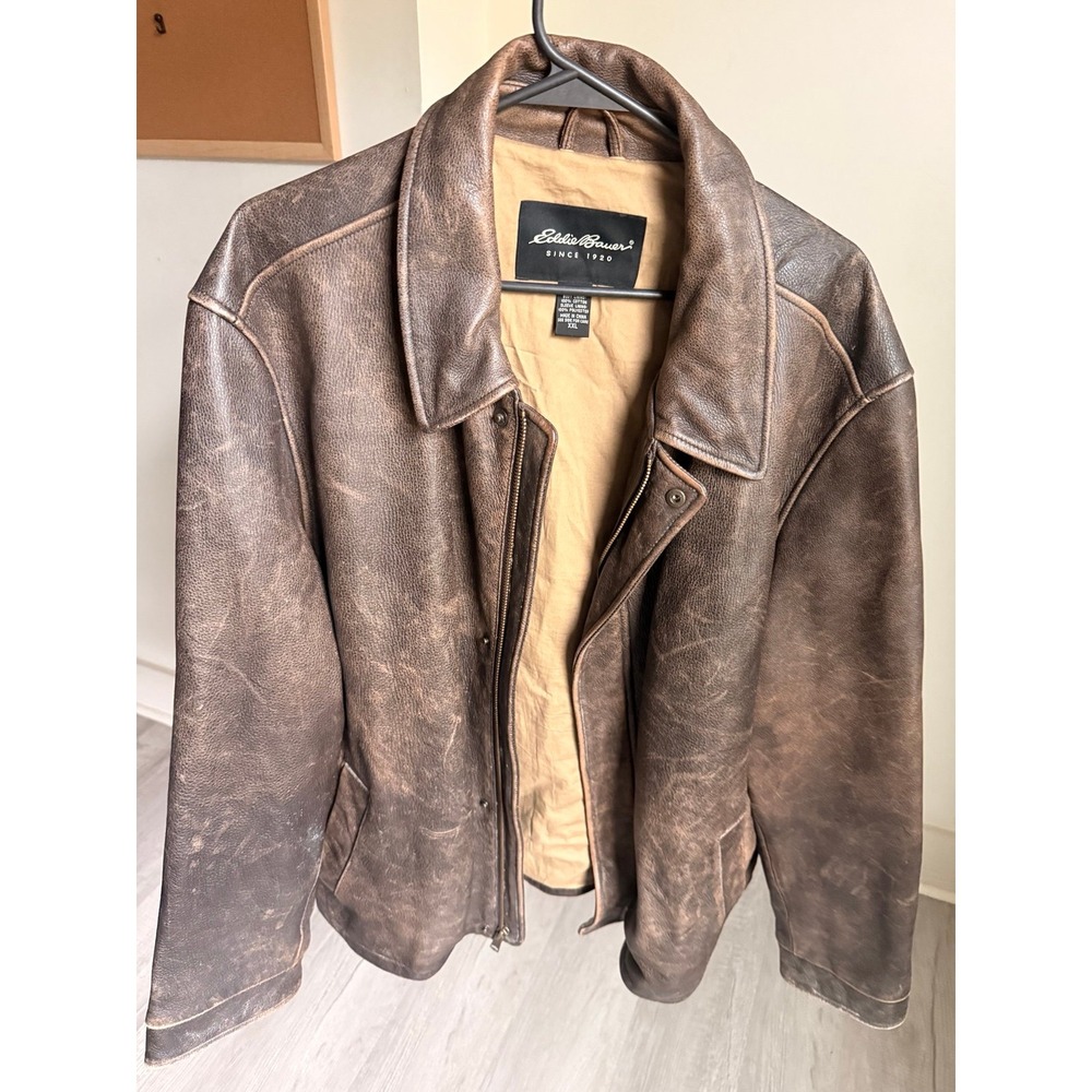 Eddie Bauer Mens xxl Brown Genuine Leather Jacket Lined vintage full‎ zip